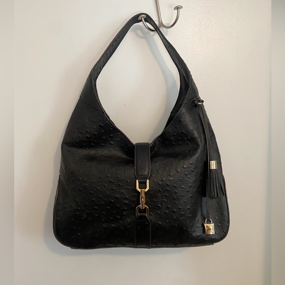 NWOT G.I.L.I. Genuine Ostrich Leather Black Hobo Handbag Large